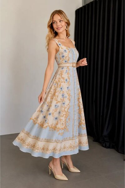 Cool & Sexy Vintage Patterned Belt Detailed Midi Dress