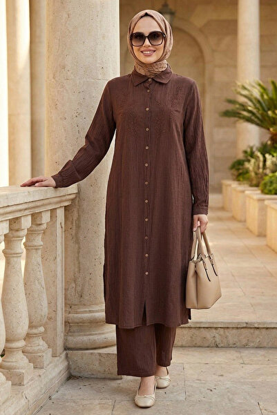 Neva Style Set de hijab din țesătură maro căpșuni cu detalii brodate 32100KH