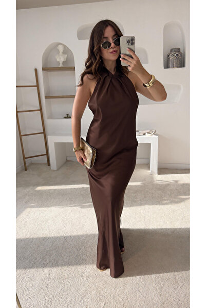 My Blog Brown Halter Neck Satin Dress - 2Y251089