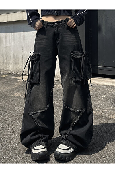 Yukatay Siyah Yıldız Yamalı Vintage Kargo Cepli Baggy Kot Pantolon