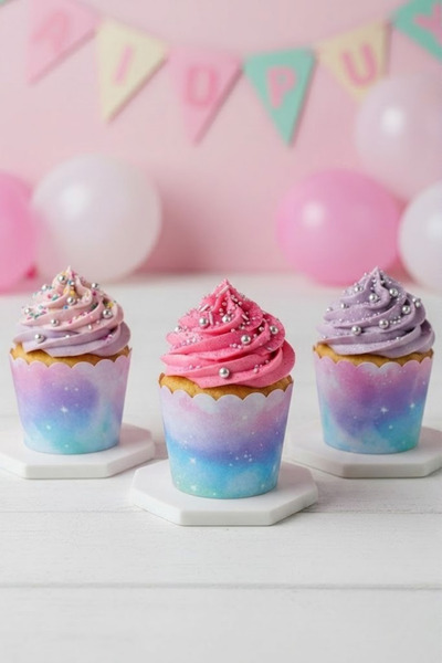 NEWPARİ Galaksi Desen Temalı Cupcake & Muffin Kek Kalıbı Fırında Dağılmaz (25...