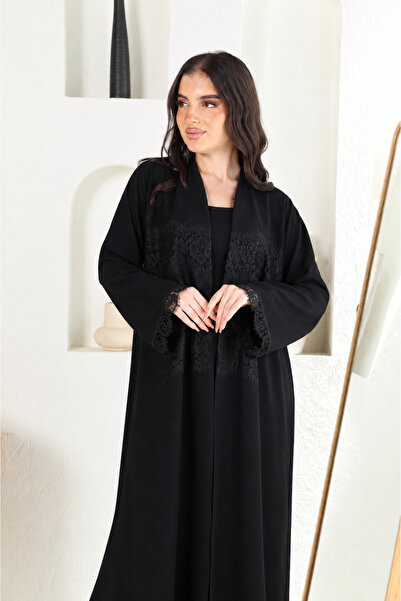 alkhayala Luxurious Black Abaya with Classy Lace Detailing, a Practical and S...