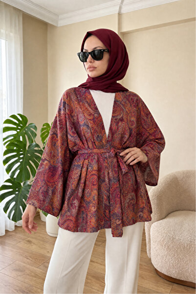 LENFORA Bağcıklı Etnik Desenli Kimono -Bordo