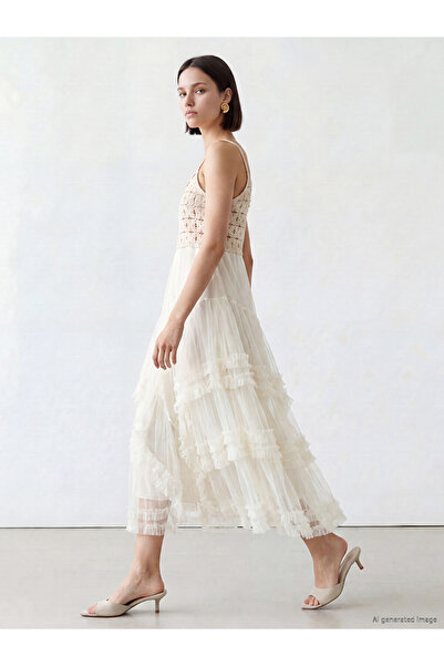 LC Waikiki Lcw Comfort White U-Neck Ruffled Rope Strap Crochet Dress