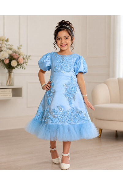 JO FASHION Blue Rose Embroidered Girls Dress