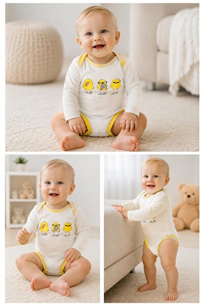 Gökçe Baby Chick Patterned 100% Cotton Long Sleeve Baby Bodysuit Set – Yellow...