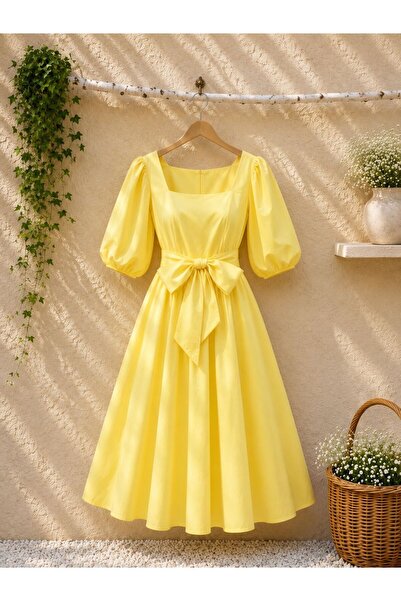 KÜÇÜĞÜM BUTİK Yellow Flared Big Bow Square Neck Poplin Dress
