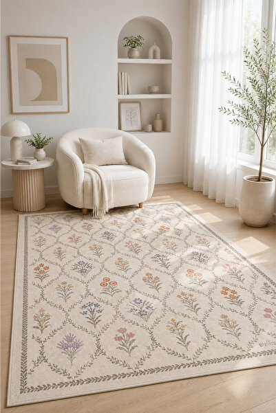 PINKIE HOME Dijital Kaymaz Yıkanabilir Renkli Çiçekli Salon Halısı Mutfak Hal...