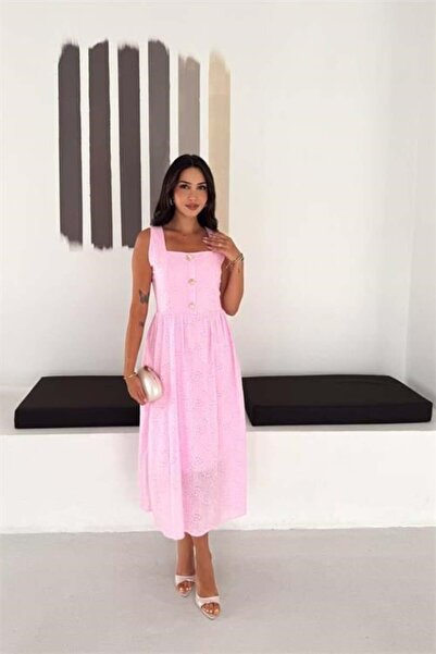 Dipmoda Rochie de damă roz, cu broderie festonată, cu nasturi, lungime midi, ...