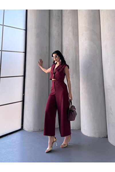 MyLoore Women's Burgundy Lined Vest and Pants Two-Piece Set Mlb00069