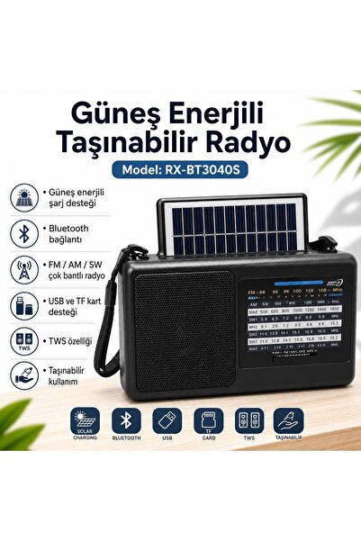 GOLON RX-BT3040S Güneş Enerjili Bluetooth USB TF Kart Destekli Taşınabilir Radyo