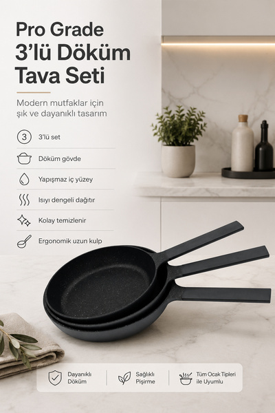 Aryıldız Pro Grade 3 'lü Döküm Tava Seti 24 Cm - 26 Cm - 28 Cm Gri