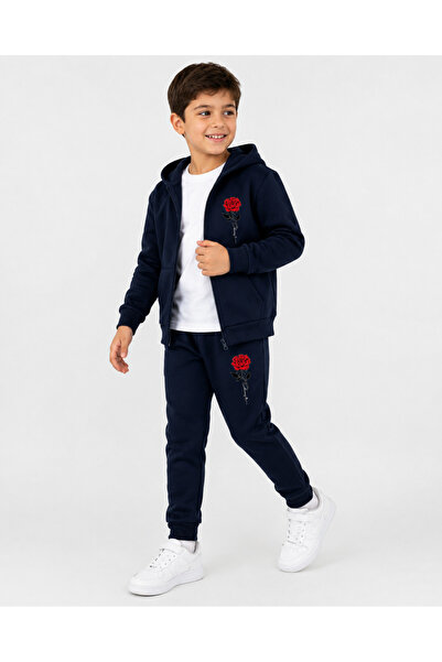 Trendy Merry Store طقم بدلة رياضية للأولاد بطبعة وردة حمراء وسحاب أمامي