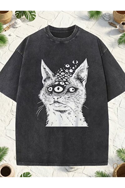 Toum Alien Cat Printed Washable Vintage Unisex Oversize T-Shirt