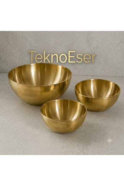 TeknoEser Pirinç Kase Seti 3'lü Altın Renk Metal Sunum Kasesi Dekoratif Servi...