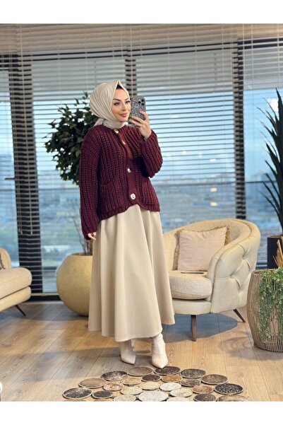 İkoll 1005392 Metal Buttoned Knitwear Cardigan Claret Red