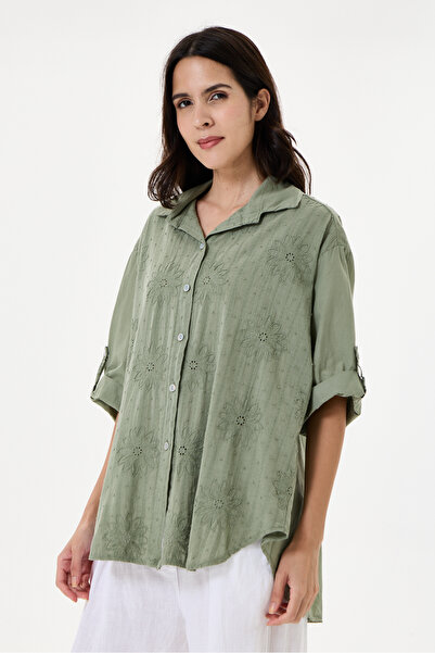 della moor Women's Khaki Italian Floral Embroidered Scalloped Oversize Poplin...