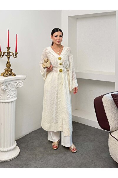Hatun Atila Women's V-Neck Waist-Tied Gold Detailed Wide Sleeve Jacquard Patt...