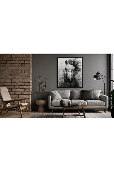 Ghaith Store Luxury White Horse Canvas Wall Art - Modern Black & White Wall D...
