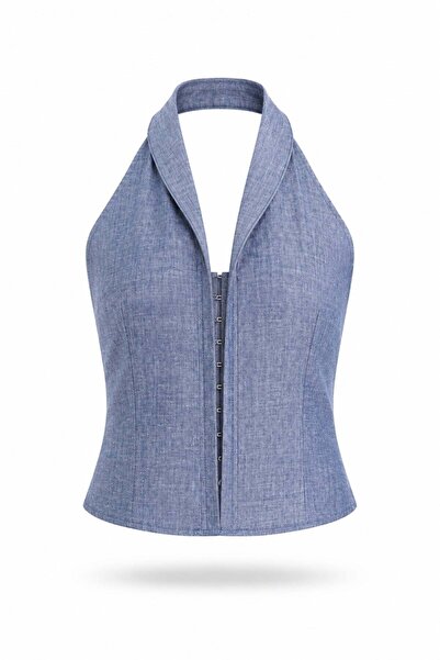 5in1Canpolat Denim Mavi Brigitte Dik Yaka Yelek