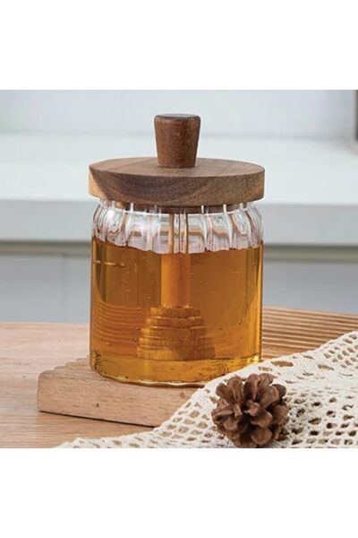 Yıldızan Pazaralanı Store 450 ml Acacia Lid Glass Honey Jar with Spoon Storag...