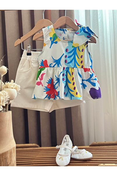 Pinkitokids Bowknot Detailed Flounce Girls' Blouse and Shorts Set