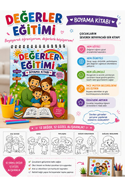 Pembe Yayınevi Değerler Eğitimi Boyama Kitabı - Çocuklar İçin Eğitici Öğretici Boyama Kitabı