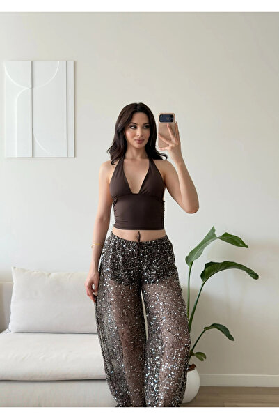 Zoom Butik Taş İşlemeli Transparan Pantolon - KAHVE