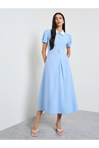 Styli Blue A-Line Midi Dress with Puff Sleeves