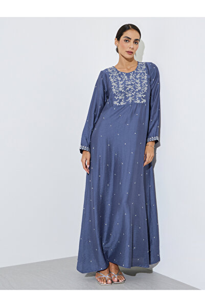 Amirah By Styli Blue Embroidered A-Line Jalabiya