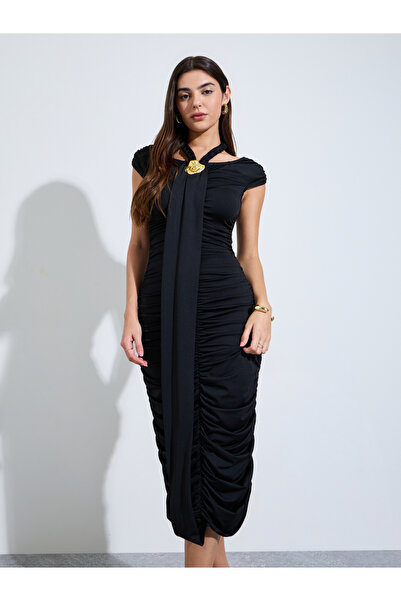 Styli Black Ruched Midi Dress with Metal Decor