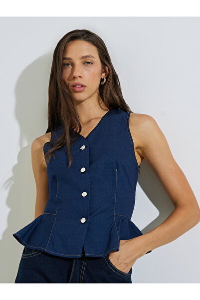 Styli Dark Blue Peplum Denim Waistcoat