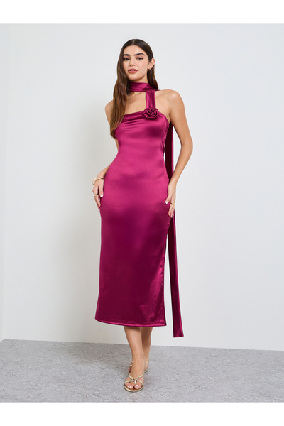 Take Two By Styli Burgundy Bandeau Midi Dress with Neck Scarf