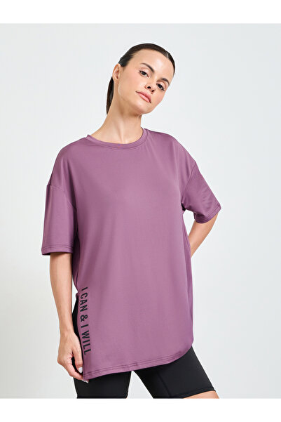 Styli Pink Slogan Side Slit Detail Loose Yoga Fit Top
