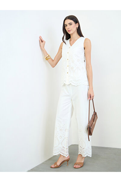 Styli Off White Wide Leg Trousers with Laser Cut Detail