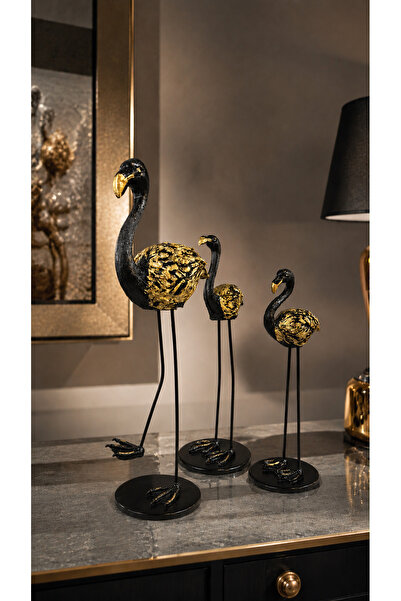 Peramari Dekoratif Polyester Üçlü Flamingo Biblo Set Siyah Gold