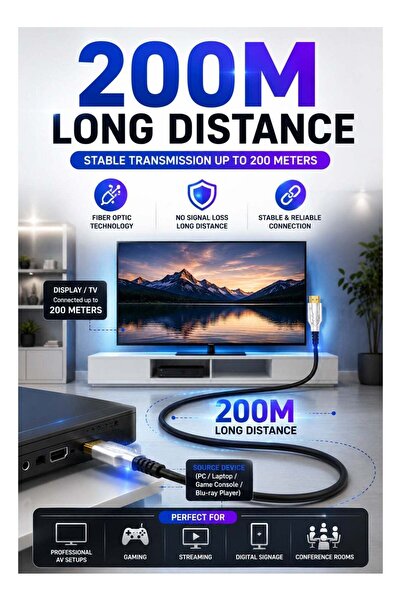 Generic كابل ألياف بصرية نشط (AOC) من نوع HDMI 2.1 عالي الدقة 8K@60Hz / 4K@120Hz |   كابل HDMI فائق السرعة 48 جيجابت في الثانية |   HDR، eARC، VRR، ALLM |   نقل بيانات عالي الجودة لمسافة 200 متر بدون فقدان