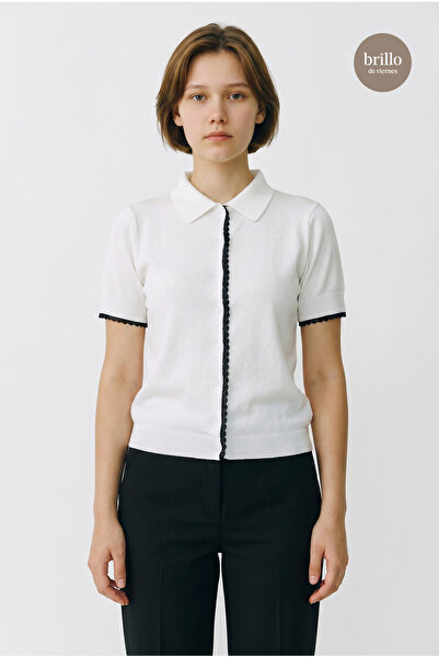 Bisou Polo Collar Short Sleeve Lace Detailed Knitted Cardigan