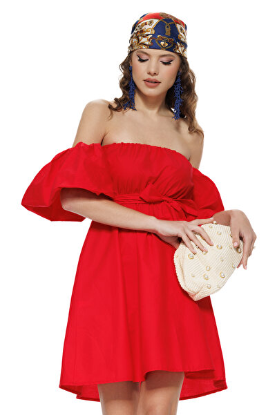 Fofy Rochie de vara scurta din bumbac rosu cu maneci bufante