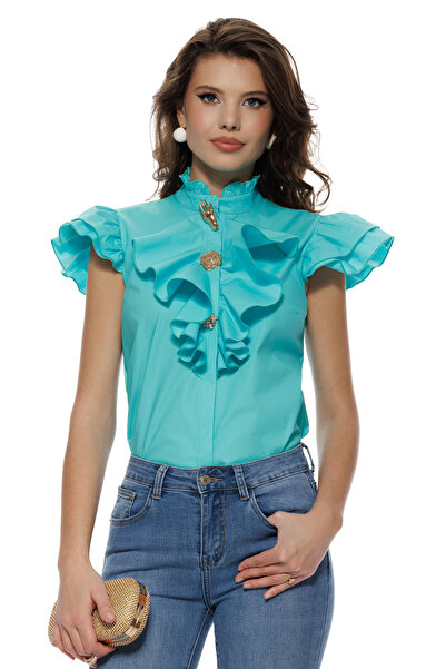 Fofy Camasa turquoise de vara din bumbac usor elastic cu jobou, maneci cu vol...