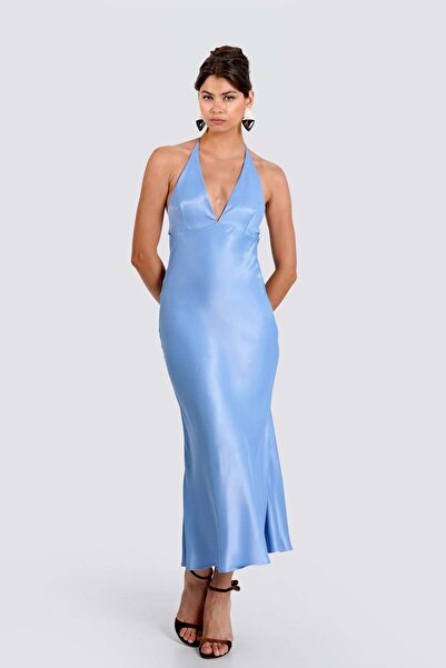 Thalure Kadın Mavi Halter Yaka Saten Midi Boy Elbise