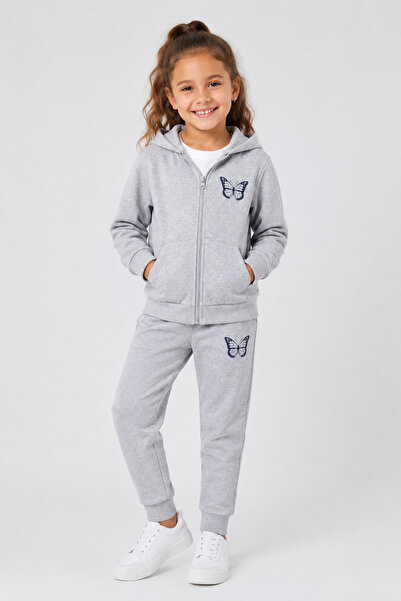 han elegant Zippered Cat & Butterfly Printed Girls' Top and Bottom Tracksuit Set