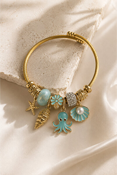 PABALAS Women's Gold Steel Charm Bracelet Octopus Sea Shell Starfish and Pear...