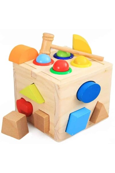 sallma Cub din lemn educational 5 in 1 cu sortator de forme si joc de batut p...