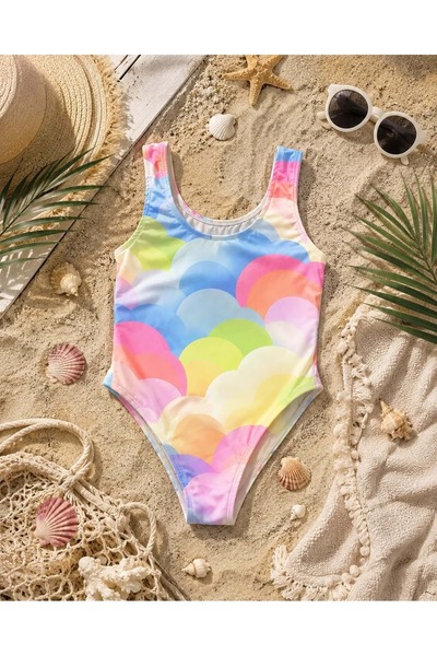 Lolliboomkids Girl's multi-colored geometric cloud print swimsuit