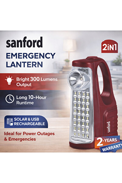Sanford فانوس طوارئ قابل لإعادة الشحن 300 لومن يعمل بالطاقة الشمسية وUSB