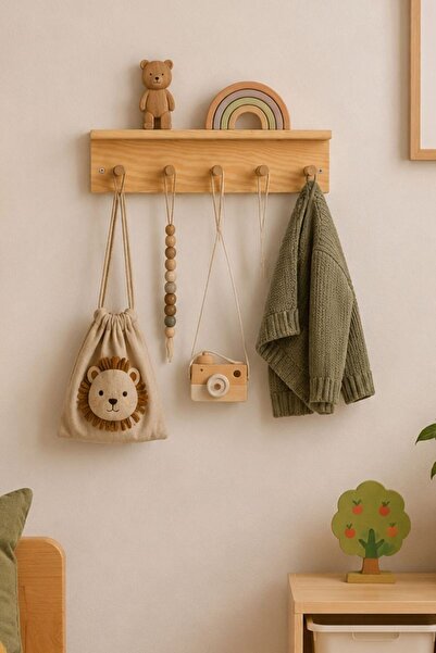 Grootland Ahşap Askılık Raf ve Kitaplık Raf Eğitici Montessori Duvar Rafı 40 Cm