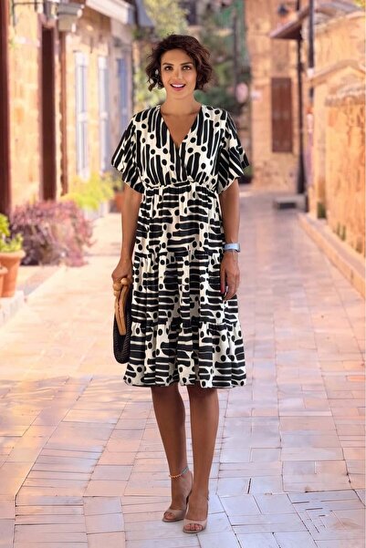 Nevin Kaya Moda Black Domino Patterned Dress