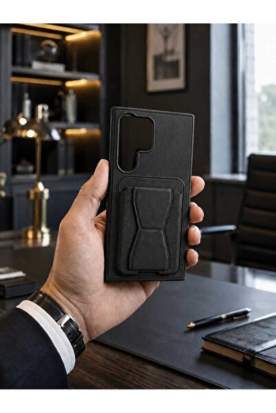 Case Samsung Galaxy S23 Ultra Uyumlu Siyah Premium Deri Kartlıklı Telefon Kıl...