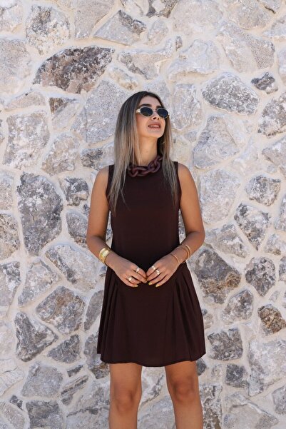 bytugcekaya Burgundy Crew Neck Zero Sleeve Dress